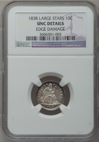 Seated Dimes: , 1838 10C Large Stars -- Edge Damage -- NGC Details. Unc. NGCCensus: (2/250). PCGS Population (1/196). Mintage: 1,992,500. ...