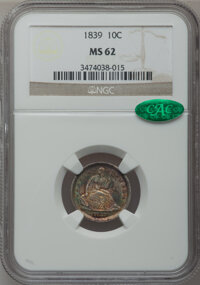 Seated Dimes: , 1839 10C No Drapery MS62 NGC. CAC. NGC Census: (26/120). PCGSPopulation (16/81). Mintage: 1,053,115. Numismedia Wsl. Price...