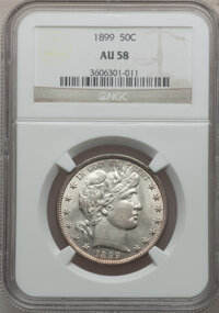 Barber Half Dollars: , 1899 50C AU58 NGC. NGC Census: (42/151). PCGS Population (45/192).Mintage: 5,538,846. Numismedia Wsl. Price for problem fr...