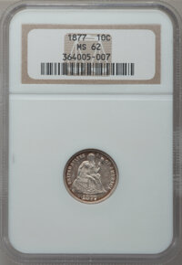 Seated Dimes: , 1877 10C MS62 NGC. NGC Census: (12/108). PCGS Population (15/67).Mintage: 7,310,000. Numismedia Wsl. Price for problem fre...