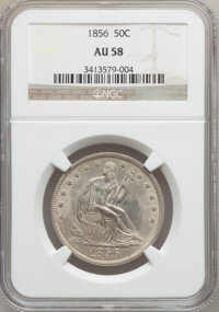 Seated Half Dollars: , 1856 50C AU58 NGC. NGC Census: (19/47). PCGS Population (12/48).Mintage: 938,000. Numismedia Wsl. Price for problem free N...