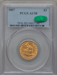 Three Dollar Gold Pieces, 1857 $3 AU58 PCGS. CAC....