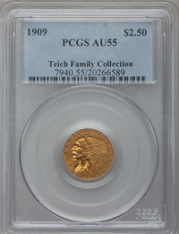 Indian Quarter Eagles: , 1909 $2 1/2 AU55 PCGS. PCGS Population (288/3384). NGC Census:(203/6638). Mintage: 441,700. Numismedia Wsl. Price for prob...