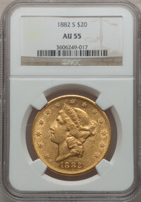 Liberty Double Eagles: , 1882-S $20 AU55 NGC. NGC Census: (66/1153). PCGS Population(121/1005). Mintage: 1,125,000. Numismedia Wsl. Price for probl...