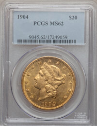 Liberty Double Eagles: , 1904 $20 MS62 PCGS. PCGS Population (55291/88455). NGC Census:(69491/112552). Mintage: 6,256,797. Numismedia Wsl. Price fo...