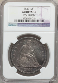 Seated Dollars: , 1840 $1 -- Polished -- NGC Details. AU. NGC Census: (14/152). PCGSPopulation (41/98). Mintage: 61,005. Numismedia Wsl. Pri...