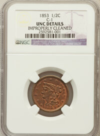 Half Cents, 1853 1/2 C -- Improperly Cleaned -- NGC Details. UNC. C-1. NGCCensus: (3/664). PCGS Population (6/394). Mintage: 129,6...