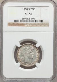Barber Quarters: , 1900-S 25C AU55 NGC. NGC Census: (17/61). PCGS Population (42/100).Mintage: 1,858,585. Numismedia Wsl. Price for problem f...