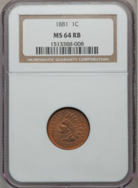 Indian Cents: , 1881 1C MS64 Red and Brown NGC. NGC Census: (159/138). PCGSPopulation (288/79). Mintage: 39,211,576. Numismedia Wsl. Price...