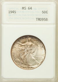 Walking Liberty Half Dollars, 1945 50C MS64 ANACS. NGC Census: (3893/5906). PCGS Population(6206/7810). Mintage: 31,502,000. Numismedia Wsl. Price for p...