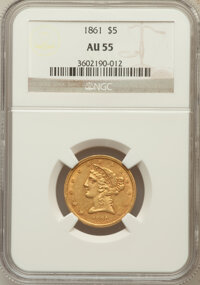 Liberty Half Eagles: , 1861 $5 AU55 NGC. NGC Census: (308/791). PCGS Population (156/329).Mintage: 688,150. Numismedia Wsl. Price for problem fre...
