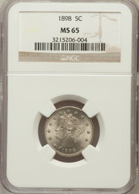 Liberty Nickels: , 1898 5C MS65 NGC. NGC Census: (83/19). PCGS Population (85/24).Mintage: 12,532,087. Numismedia Wsl. Price for problem free...