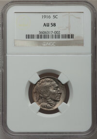 Buffalo Nickels: , 1916 5C AU58 NGC. NGC Census: (101/1685). PCGS Population(199/2275). Mintage: 63,498,064. Numismedia Wsl. Price forproble...