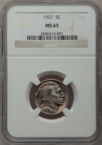 Buffalo Nickels: , 1927 5C MS65 NGC. NGC Census: (302/96). PCGS Population (673/287).Mintage: 37,981,000. Numismedia Wsl. Price for problem f...