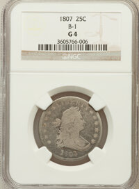 Early Quarters, 1807 25C Good 4 NGC. B-1. NGC Census: (13/165). PCGS Population(30/268). Mintage: 220,643. Numismedia Wsl. Price for probl...