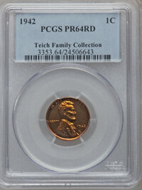 Proof Lincoln Cents: , 1942 1C PR64 Red PCGS. Ex: Teich Family Collection. PCGS Population(1129/572). NGC Census: (402/312). Mintage: 32,600. Num...