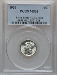 Mercury Dimes: , 1936 10C MS64 PCGS. Ex: Teich Family Collection. PCGS Population(249/1122). NGC Census: (78/776). Mintage: 87,504,128. Num...