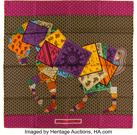 Luxury Accessories:Accessories, Hermes 90cm Violet &amp; Green "A Cheval sur Mon Carre," by BaliBarret Silk Scarf. Pristine Condition. 36" Width x 36"Le... Image #1