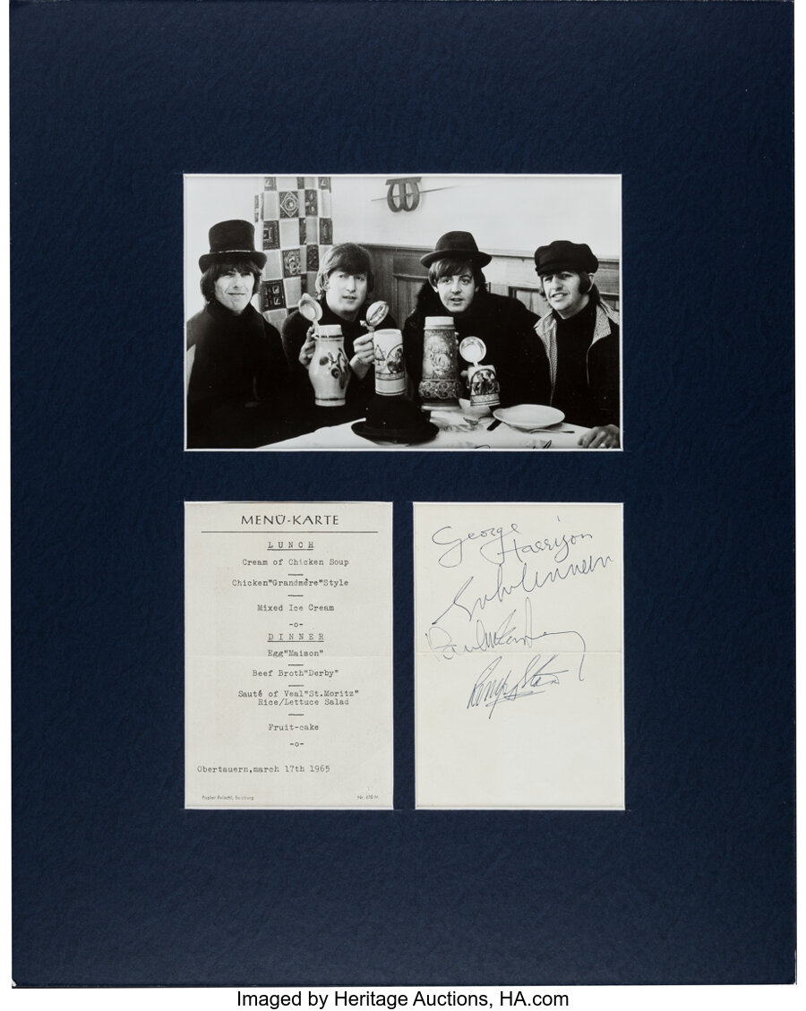 Music Memorabilia:Autographs and Signed Items, Beatles Signatures on an Austrian Menu Obtained During the Filmingof Help!, in Matted Display (Oberta...