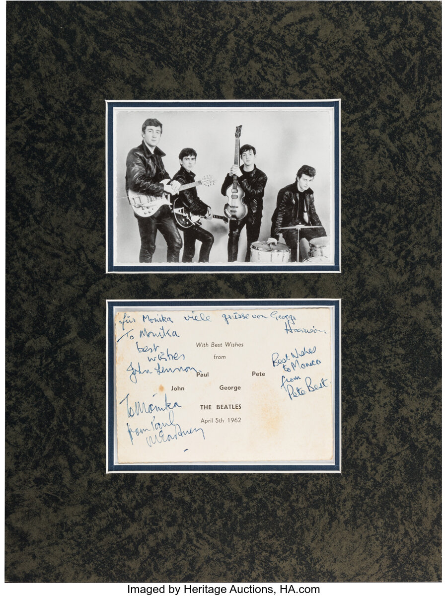 Music Memorabilia:Autographs and Signed Items, Beatles Early Signatures on the Back of a Promotional Photo Card inMatted Display (Hamburg, 1962)....