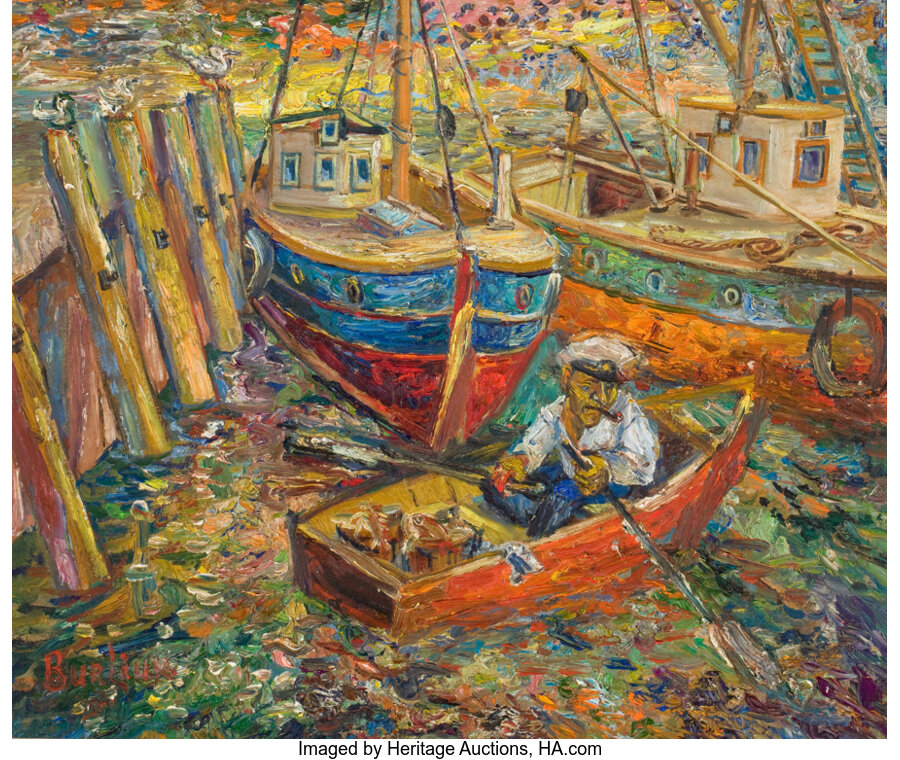 Fine Art - Painting, American, DAVID BURLIUK (Ukrainian/American, 1882-1967). Man in Boat.Oil on board. 20-3/4 x 24-1/2 inches (52.7 x 62.2 cm). Signe... Image #1