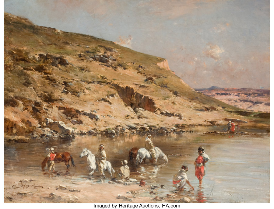 Fine Art - Painting, European:Antique  (Pre 1900), VICTOR PIERRE HUGUET (French, 1835-1902). Baignade de Chevaux(Algerian Caravan Bathing Horses against a Rocky Landscape)... Image #1