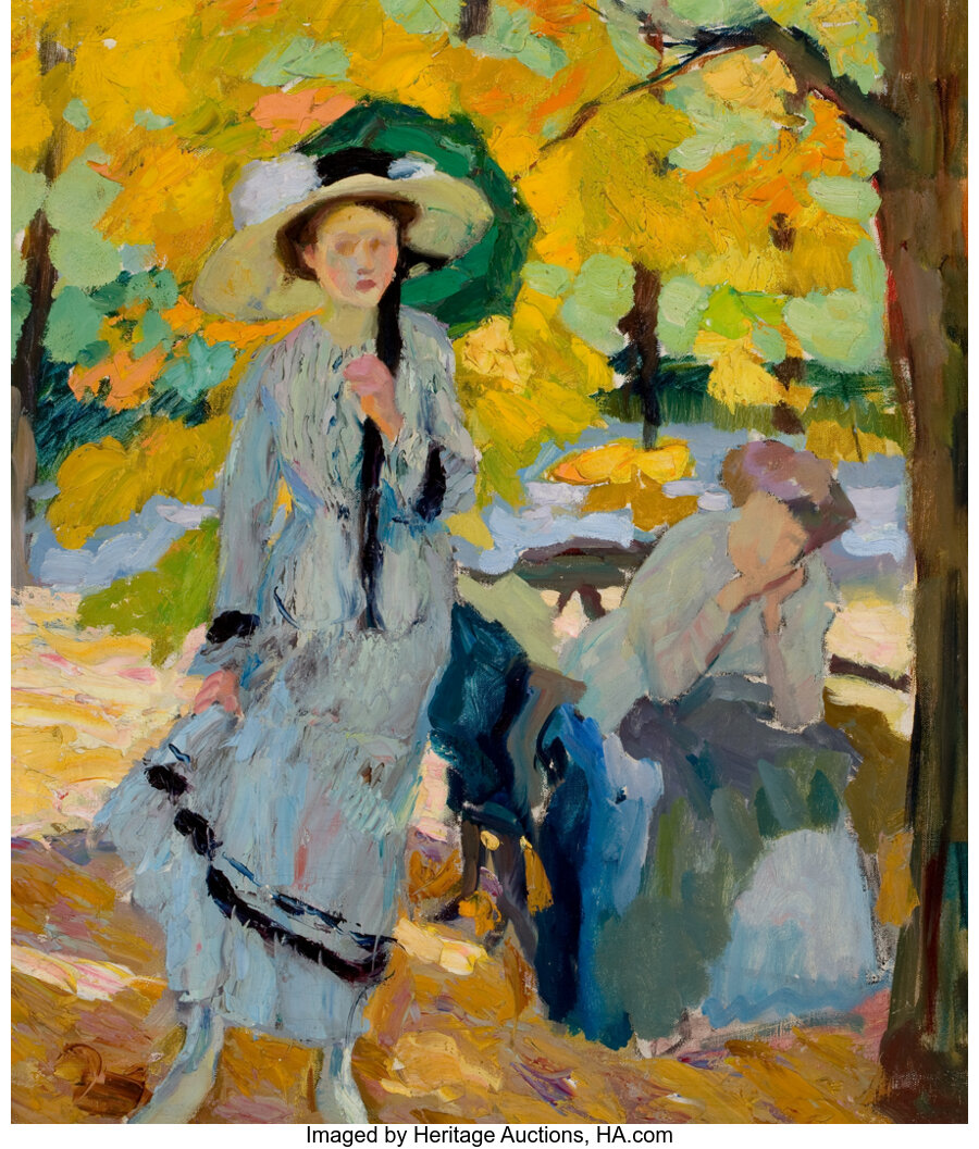 Fine Art - Painting, American, EDWARD CUCUEL (American, 1875-1954). Woman with Umbrella.Oil on canvas. 32-1/4 x 27-1/2 inches (81.9 x 69.9 cm). ... Image #1