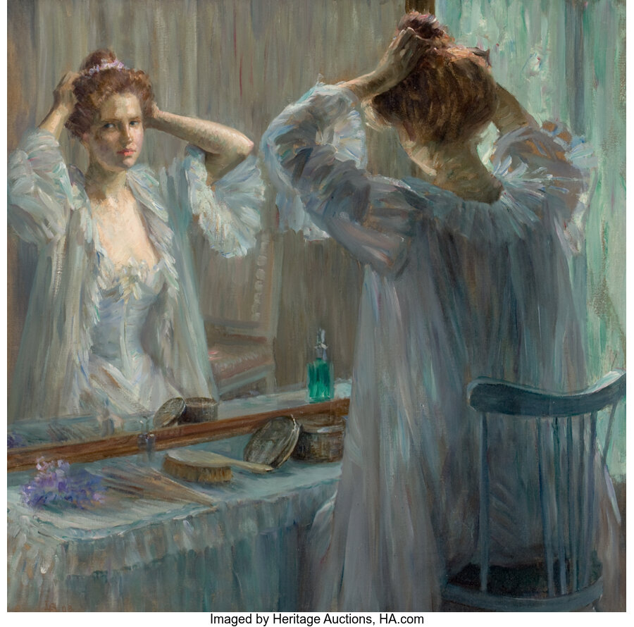 Fine Art - Painting, European, LOUISE CATHERINE BRESLAU (Swiss, 1856-1927). La Toilette,1898. Oil on canvas. 24-3/4 x 25-3/4 inches (62.9 x 65.4 cm). ... Image #1