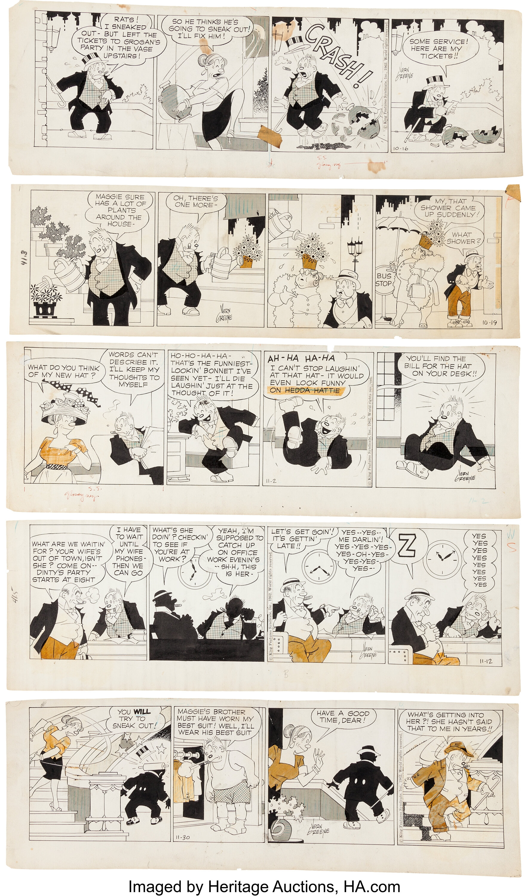 Paginas o tirillas originales de "bringing up father" por Vern Greene, arte subastado e imagen por heritage auctions