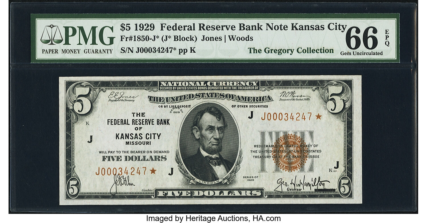 Fr. 1850-J* $5 1929 Federal Reserve Bank Note. PMG Gem Uncirculated ...