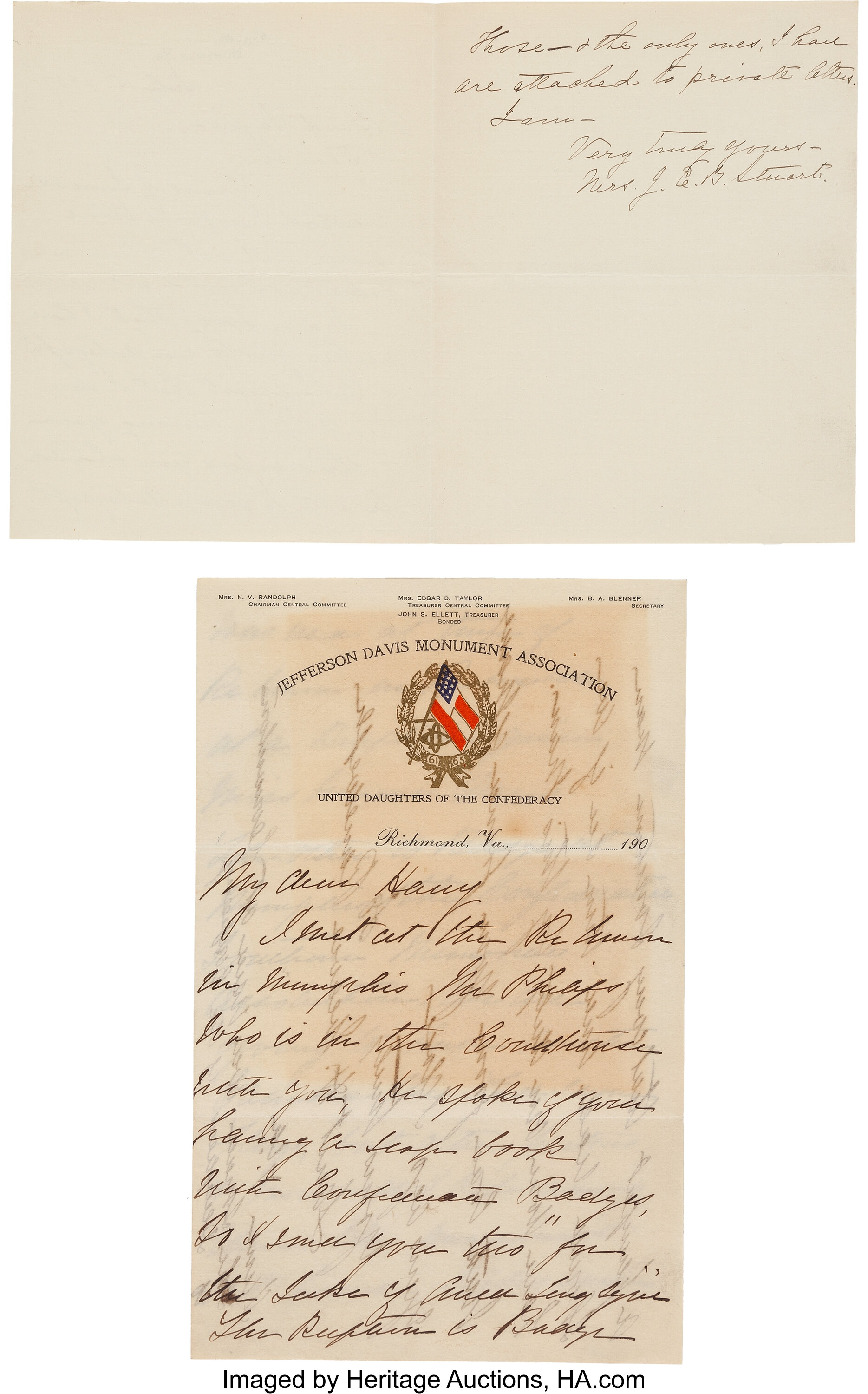 [J.E.B. Stuart]. Letter from Mrs. Stuart Signed ... Autographs | Lot ...