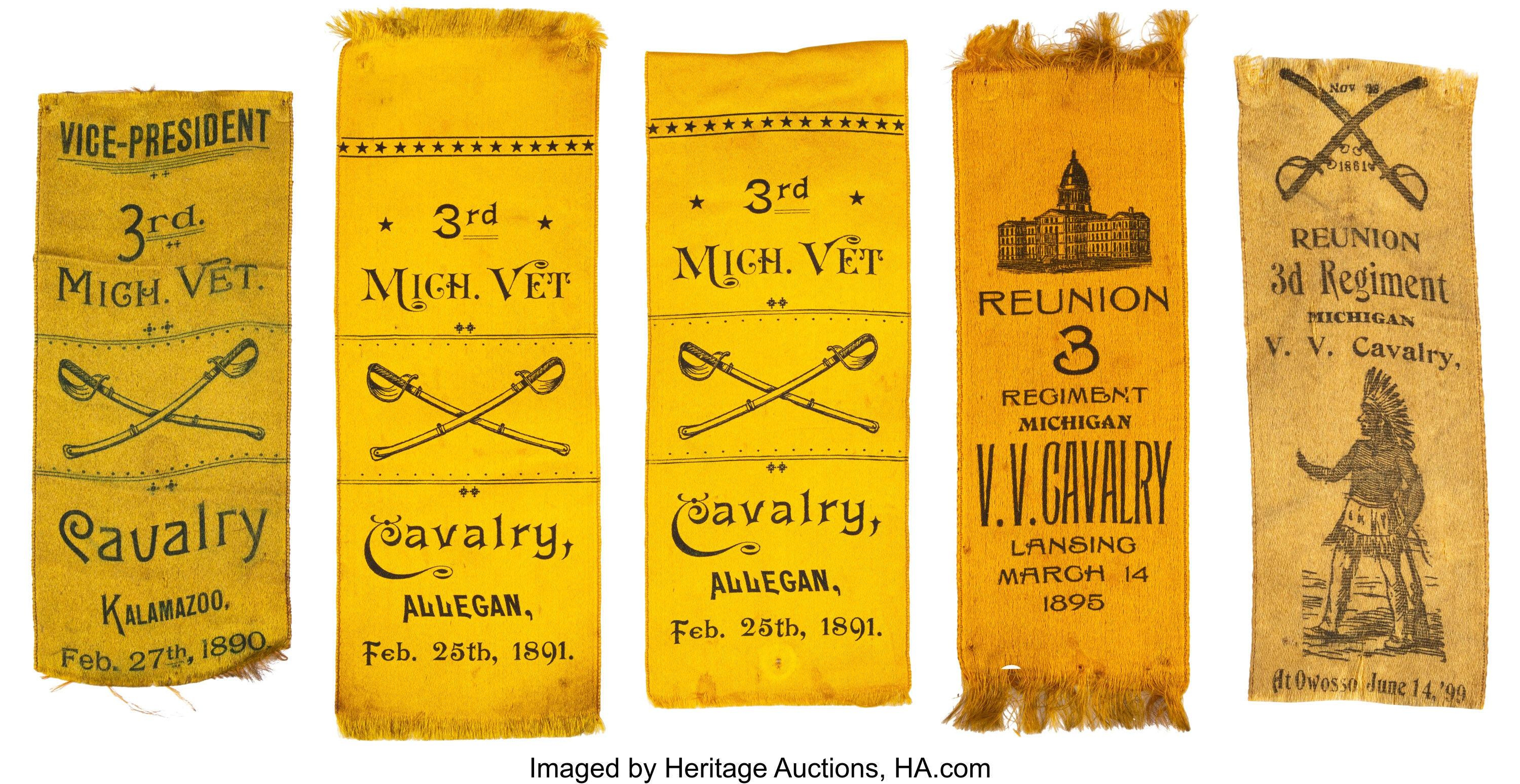 Michigan Volunteer Cavalry: Five Satin Ribbons.. ... Military & | Lot ...