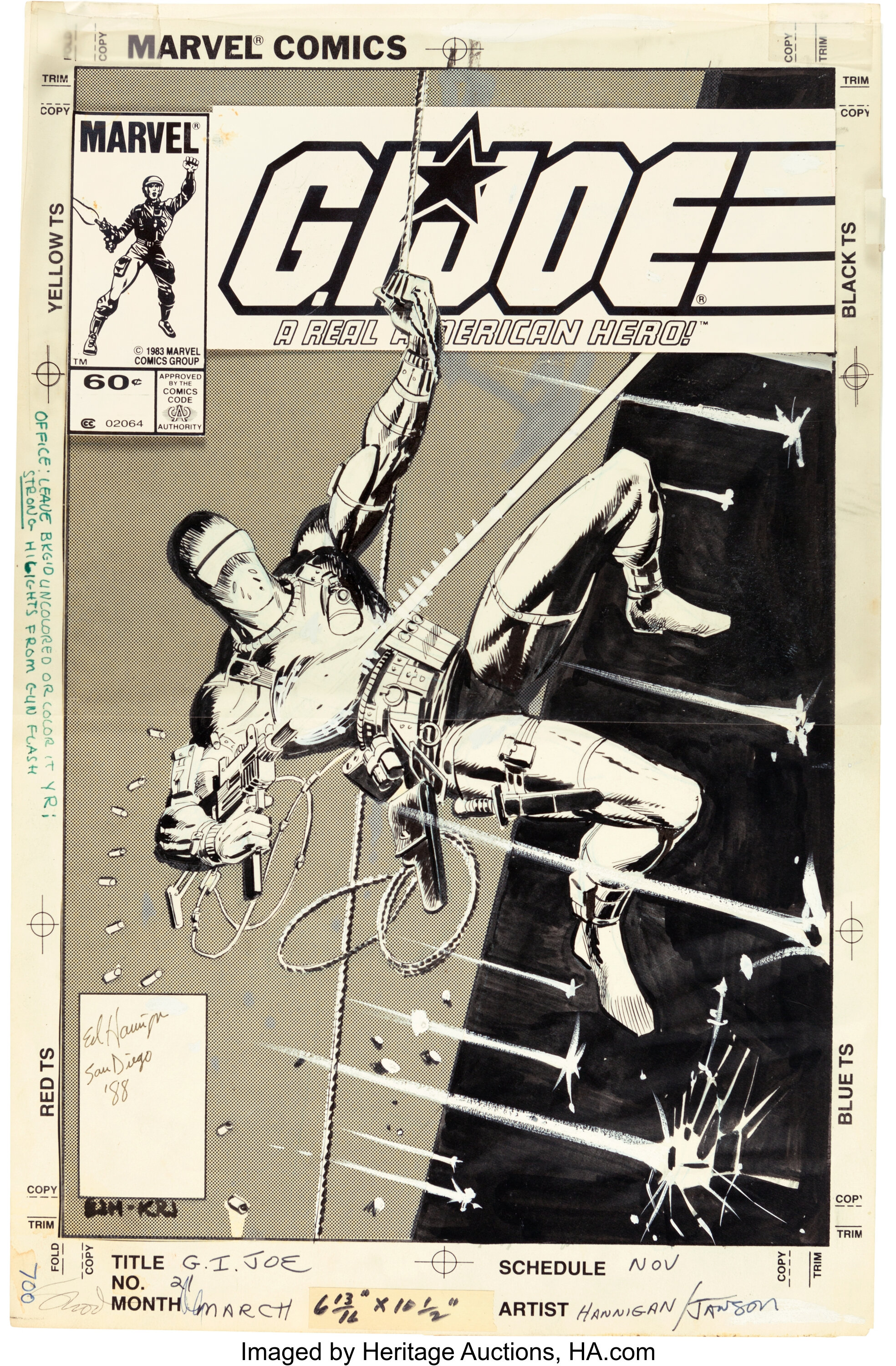 Second Heritage photo of the G.I. Joe #21 original art with the logo acetate overlay lifted, showing Ed Hannigan's San Diego 1988 signature and the production stat block crediting Hannigan and Janson