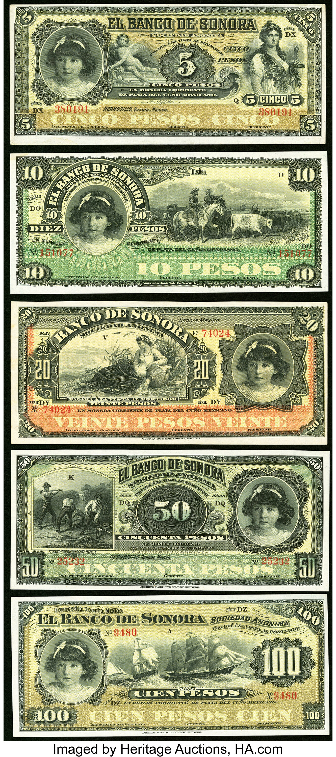 Mexico Group of 5 Notes Extremely Fine-Crisp Uncirculated.. ... | Lot ...