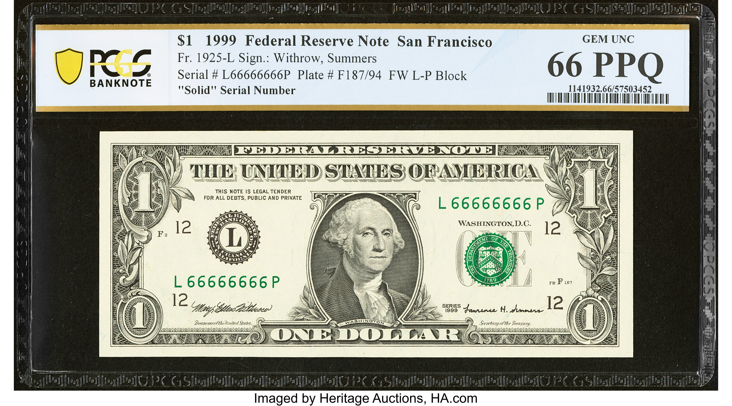 Solid Serial Number 66666666 Fr. 1925-L $1 1999 Federal Reserve | Lot ...