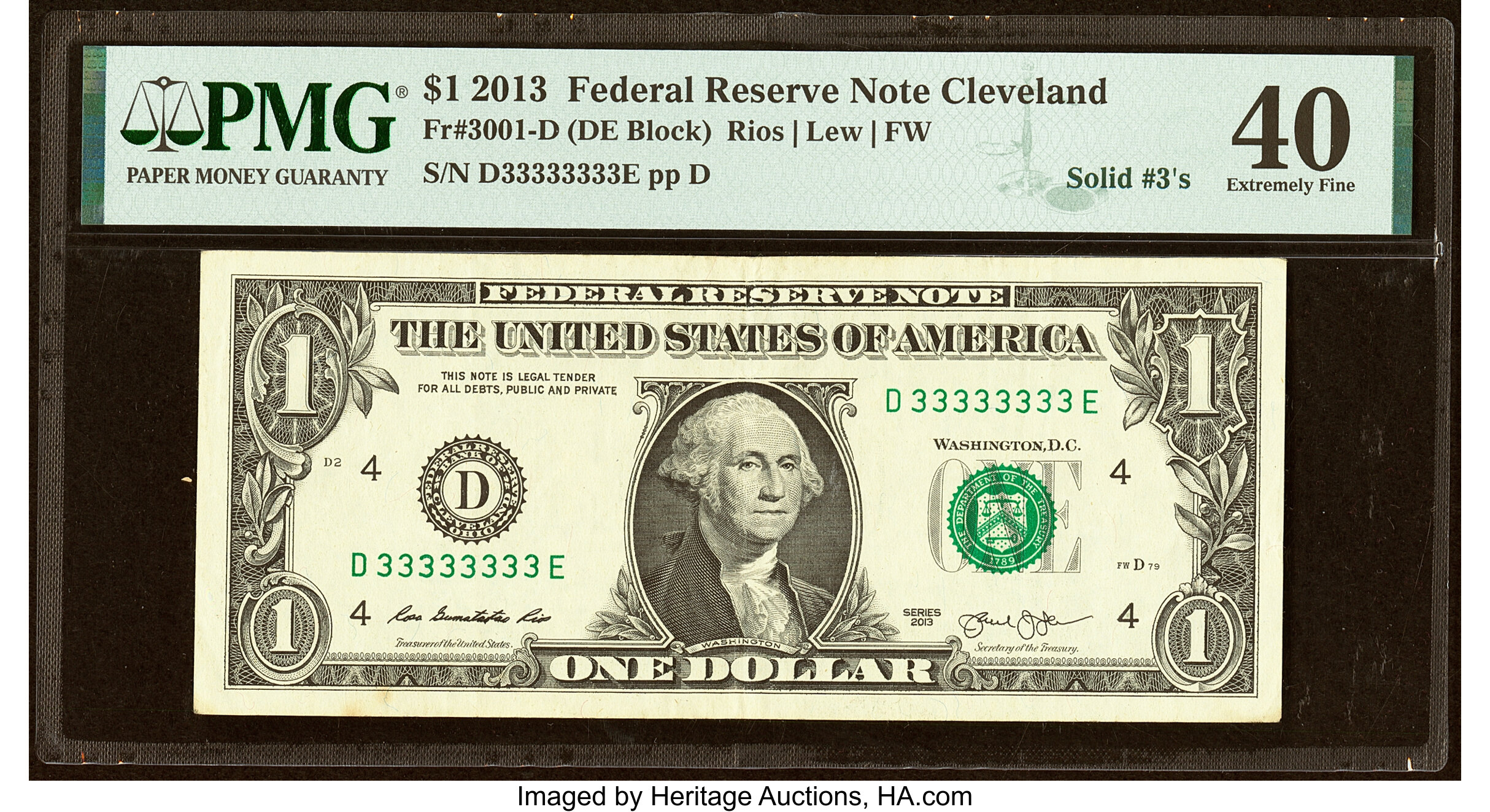 Solid Serial Number 33333333 Fr. 3001-D $1 2013 Federal Reserve | Lot ...