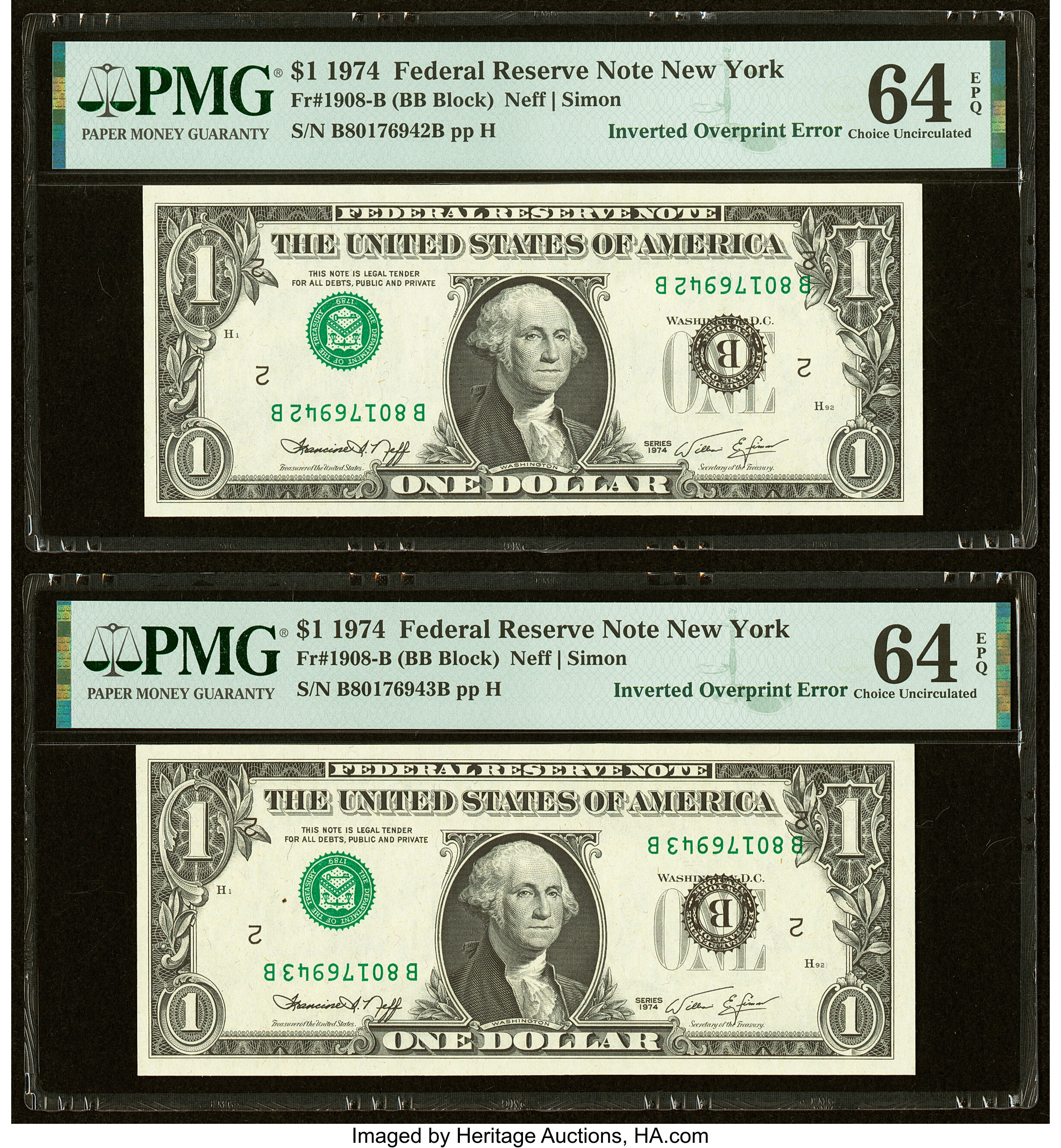 Inverted Third Printing Error Fr. 1908-B $1 1974 Federal Reserve | Lot ...