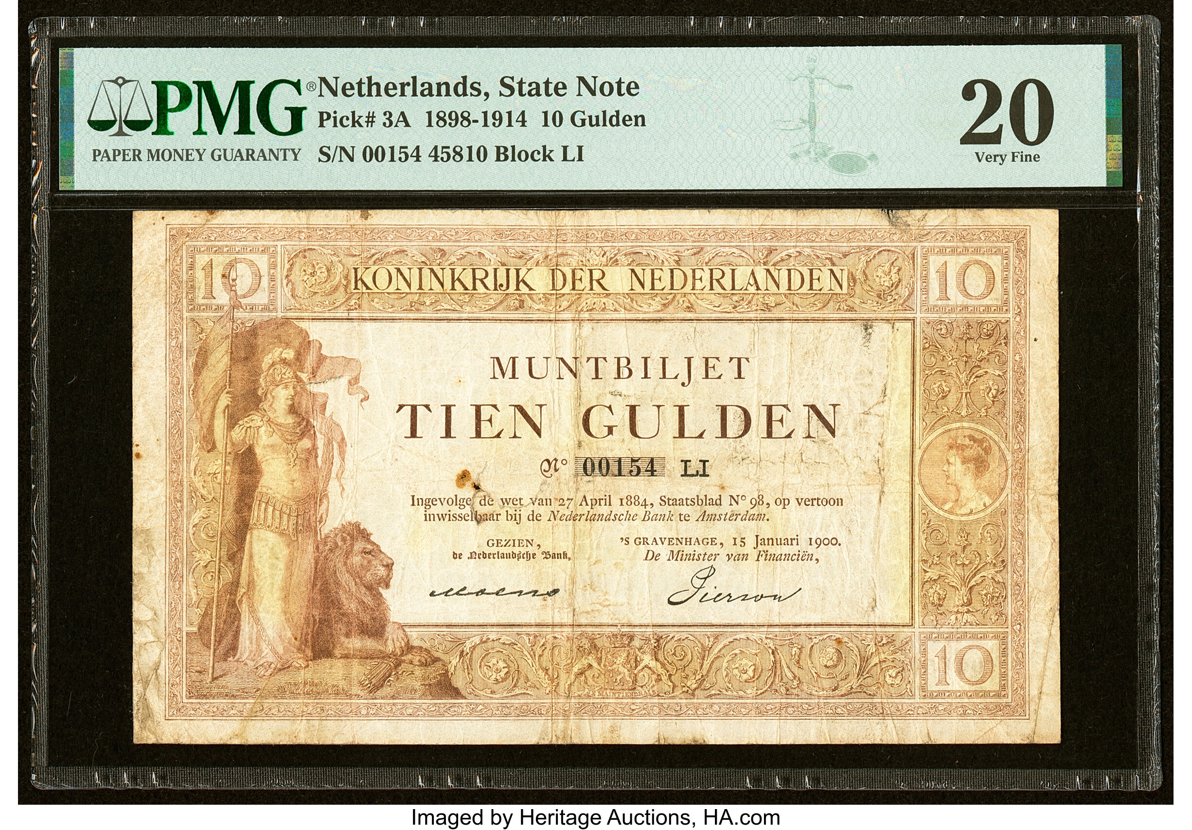 Netherlands State Note 10 Gulden 15.1.1900 Pick 3A PMG Very Fine | Lot ...