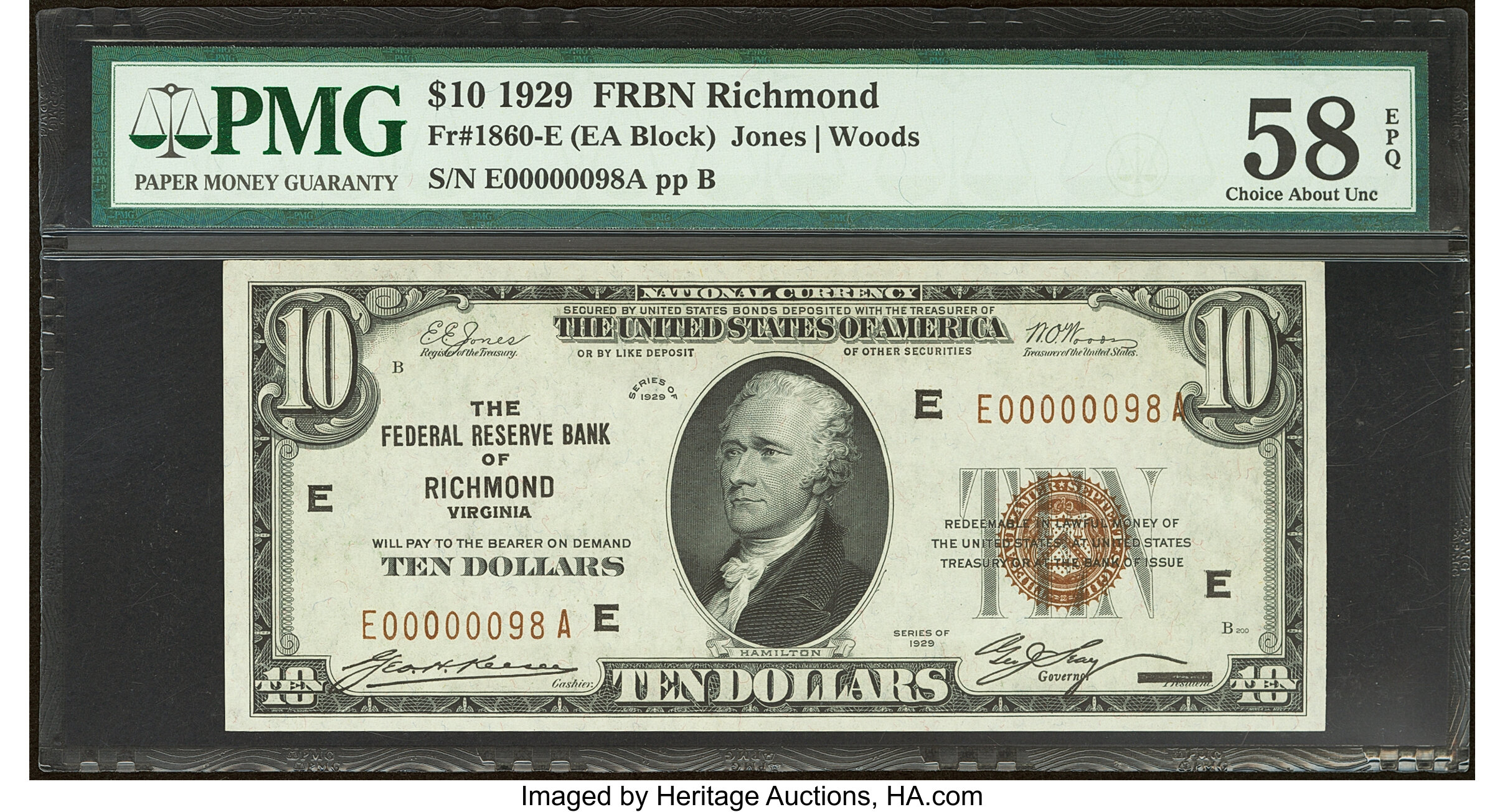 Low Serial Number 98 Fr. 1860-E $10 1929 Federal Reserve Bank Note ...