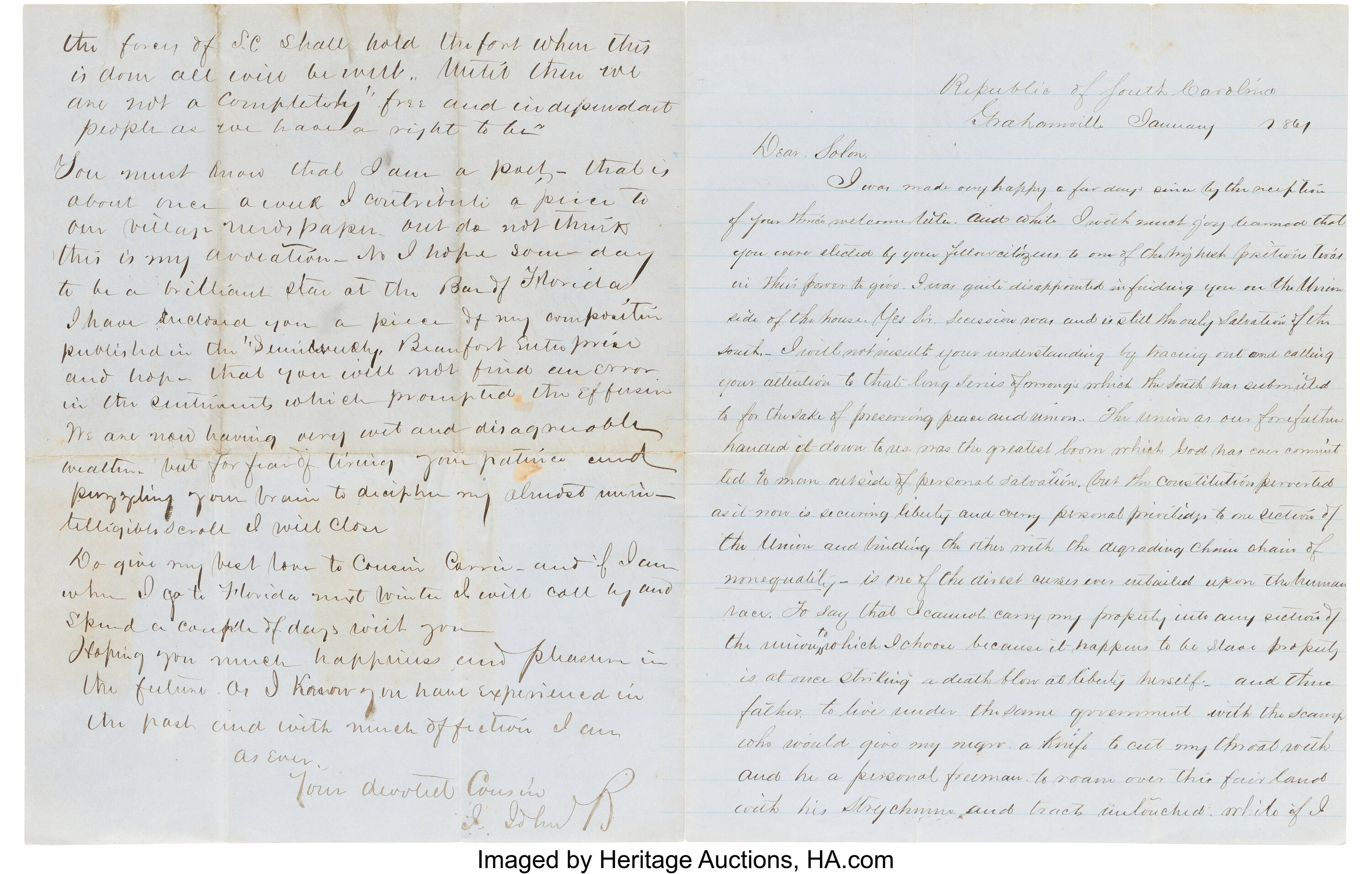 South Carolina Secession Content Letter.... Military & Patriotic | Lot ...