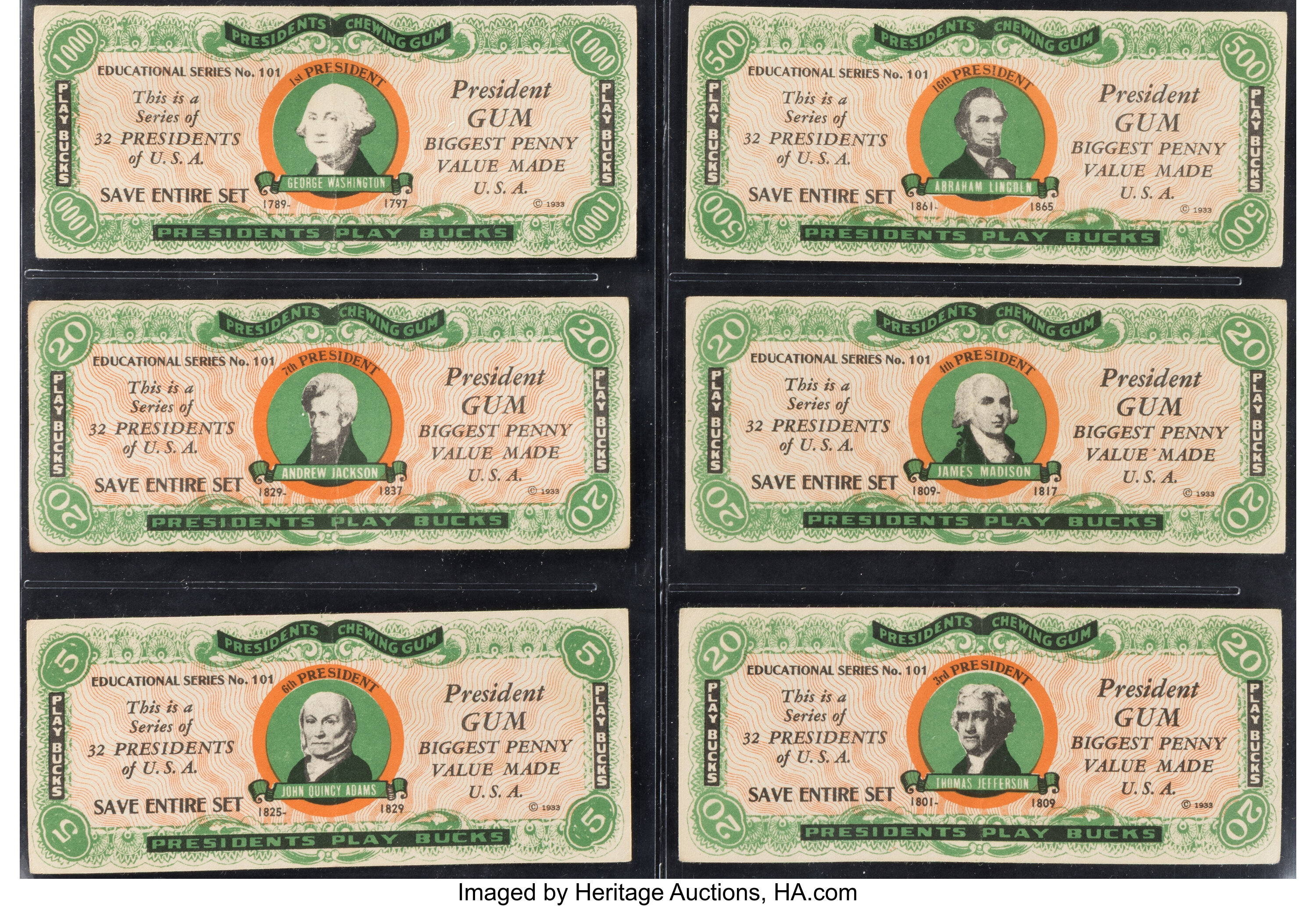 1937 Dietz Gum President's Play Bucks (R118) - 47 Play Bucks & 2 | Lot ...