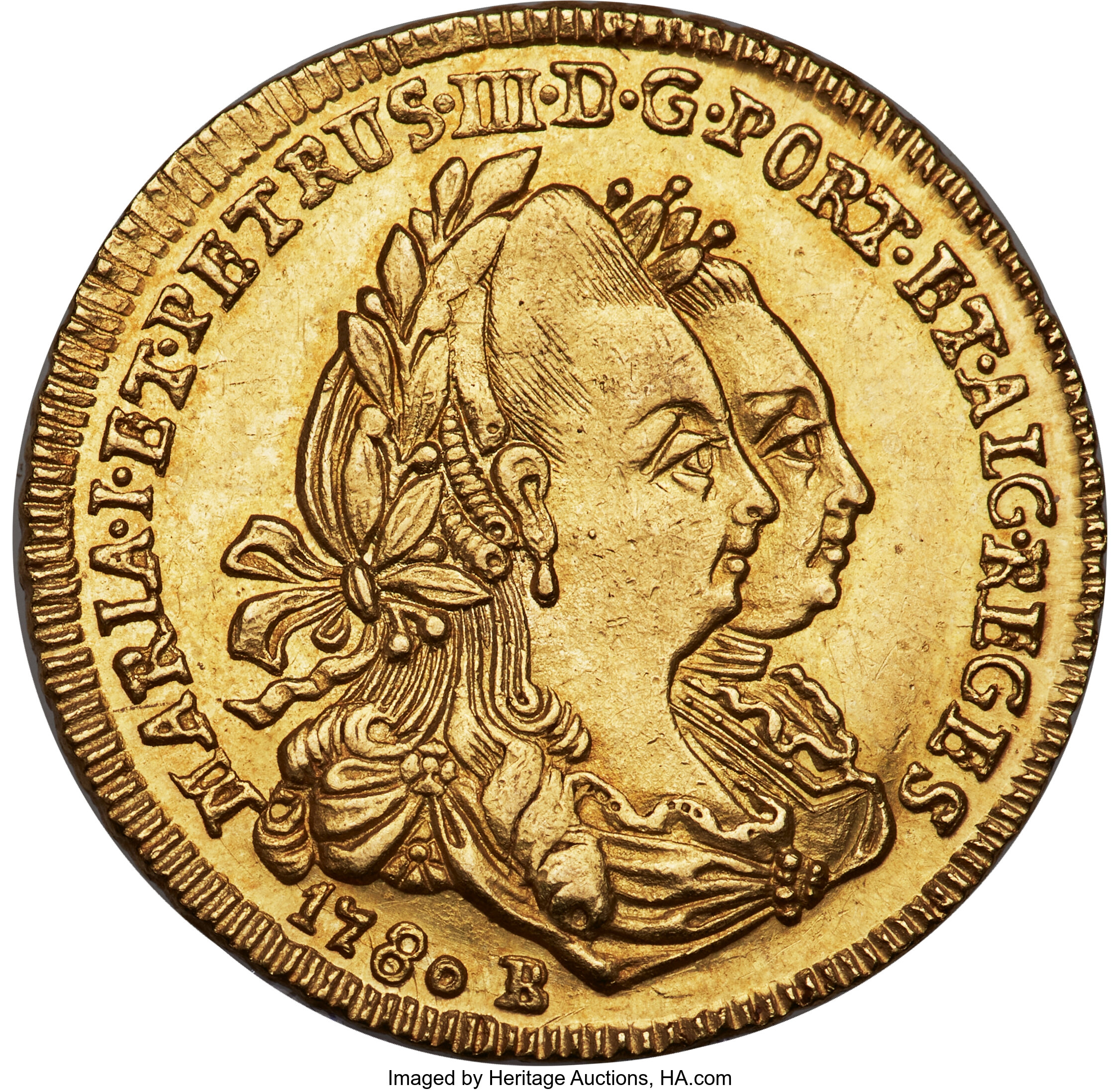 Maria I and Pedro III gold 1600 Reis 1780-B MS64 NGC