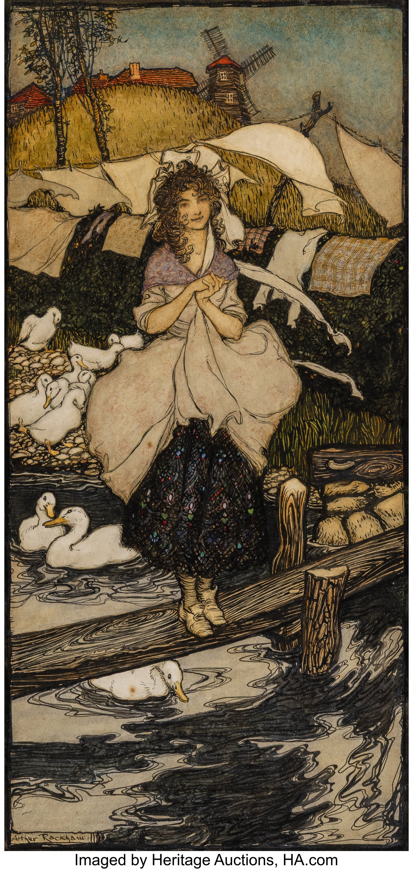 Arthur Rackham (British, 1867-1939). Girl in shawl with Ducks. | Lot ...