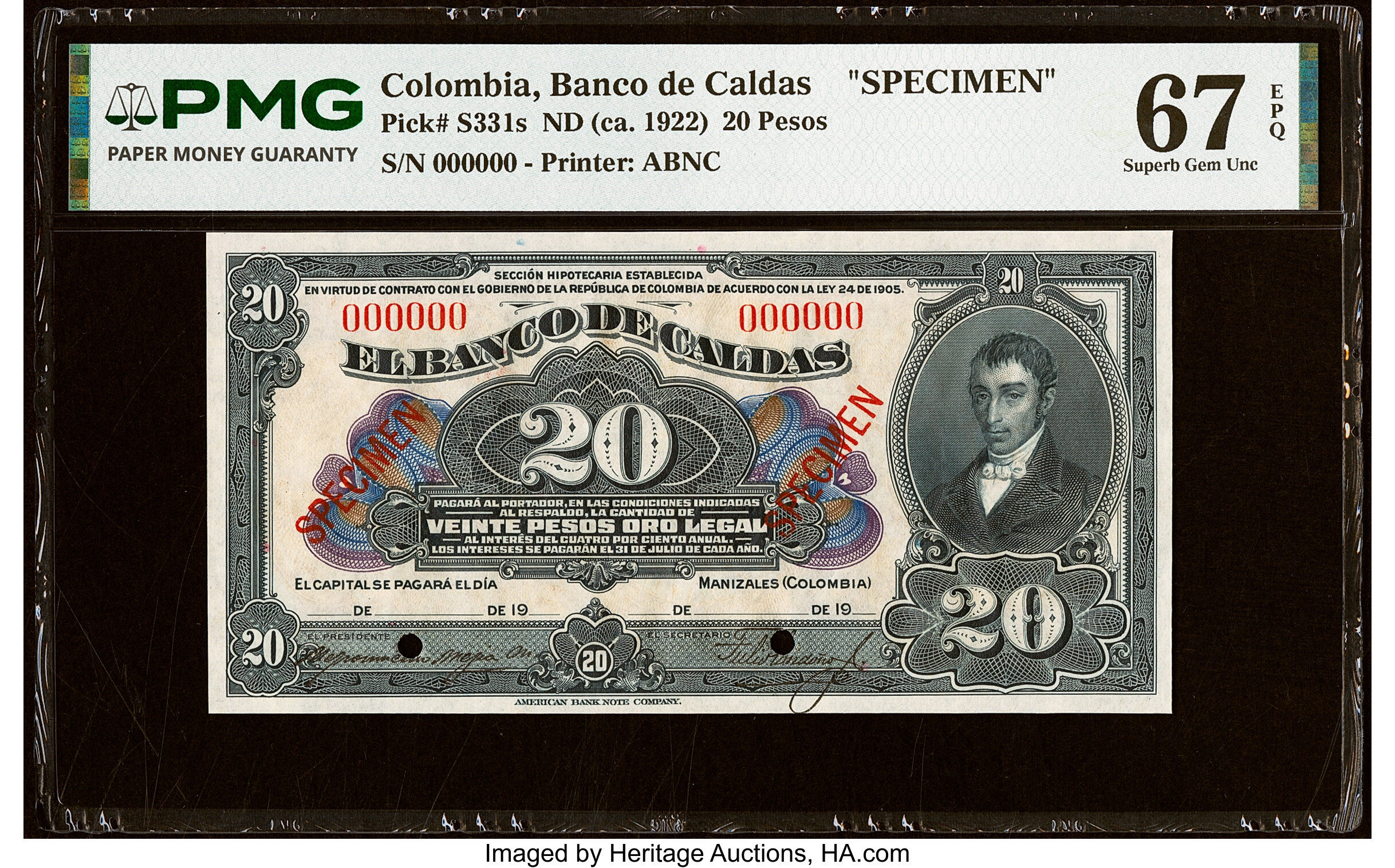 Colombia Banco de Caldas 20 Pesos ND (ca. 1922) Pick S331s Specimen ...