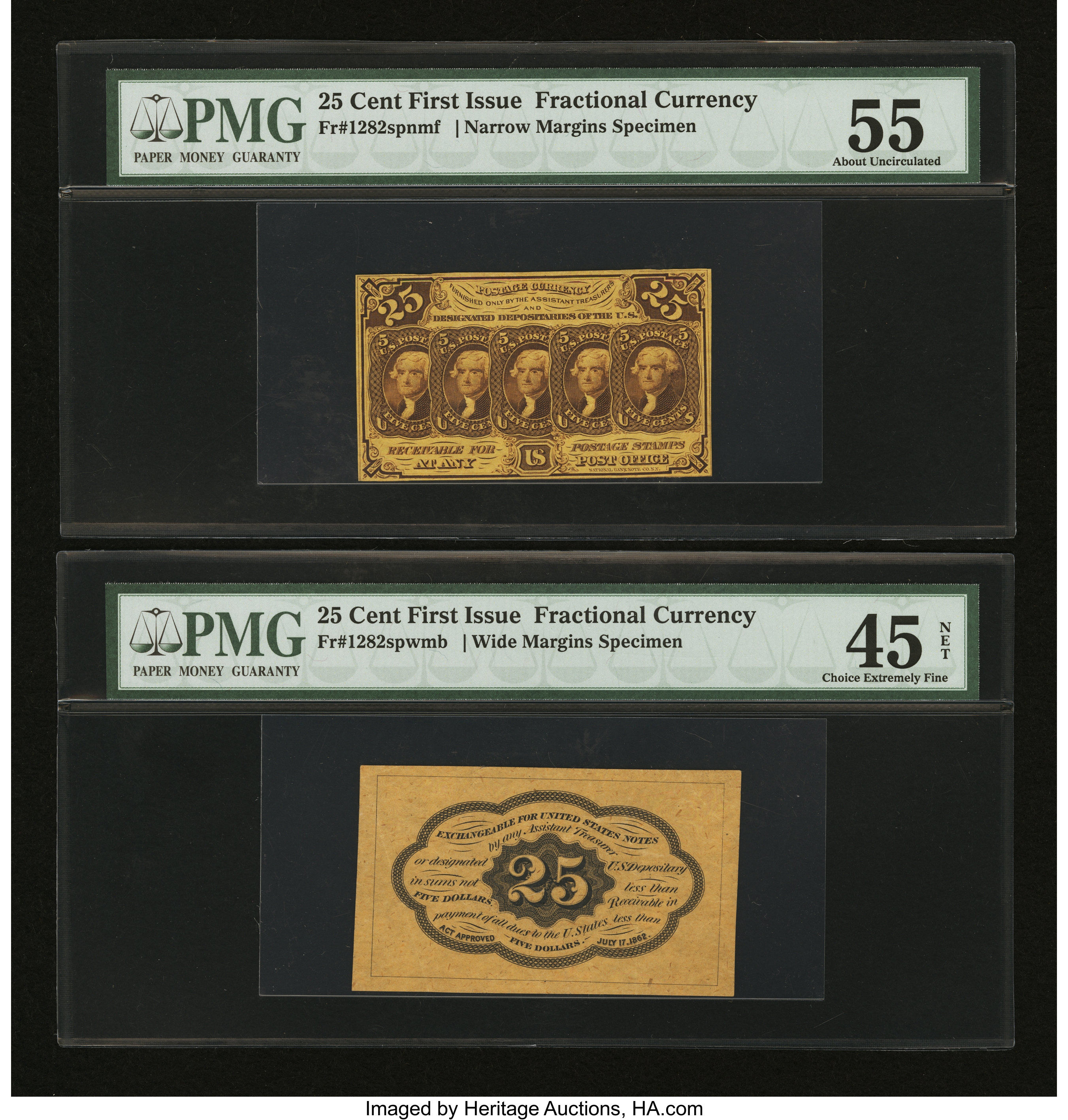Fr. 1282SP 25¢ First Issue Narrow Margin Face Specimen PMG About | Lot ...