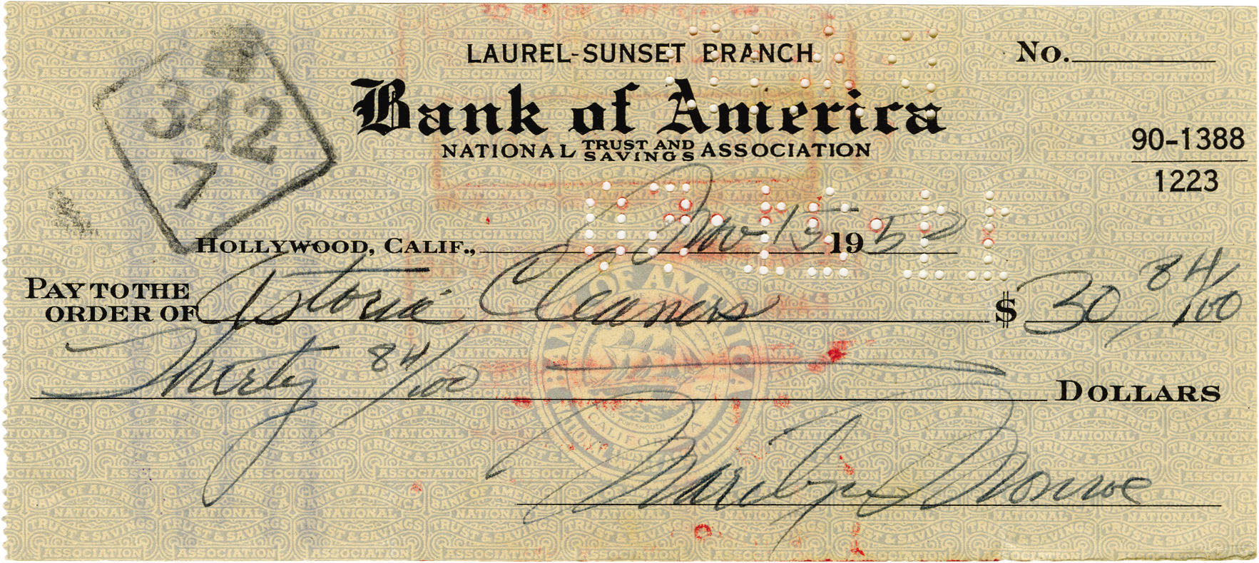 Marilyn Monroe Signed Check. A personal check for $30.84, dated | Lot ...