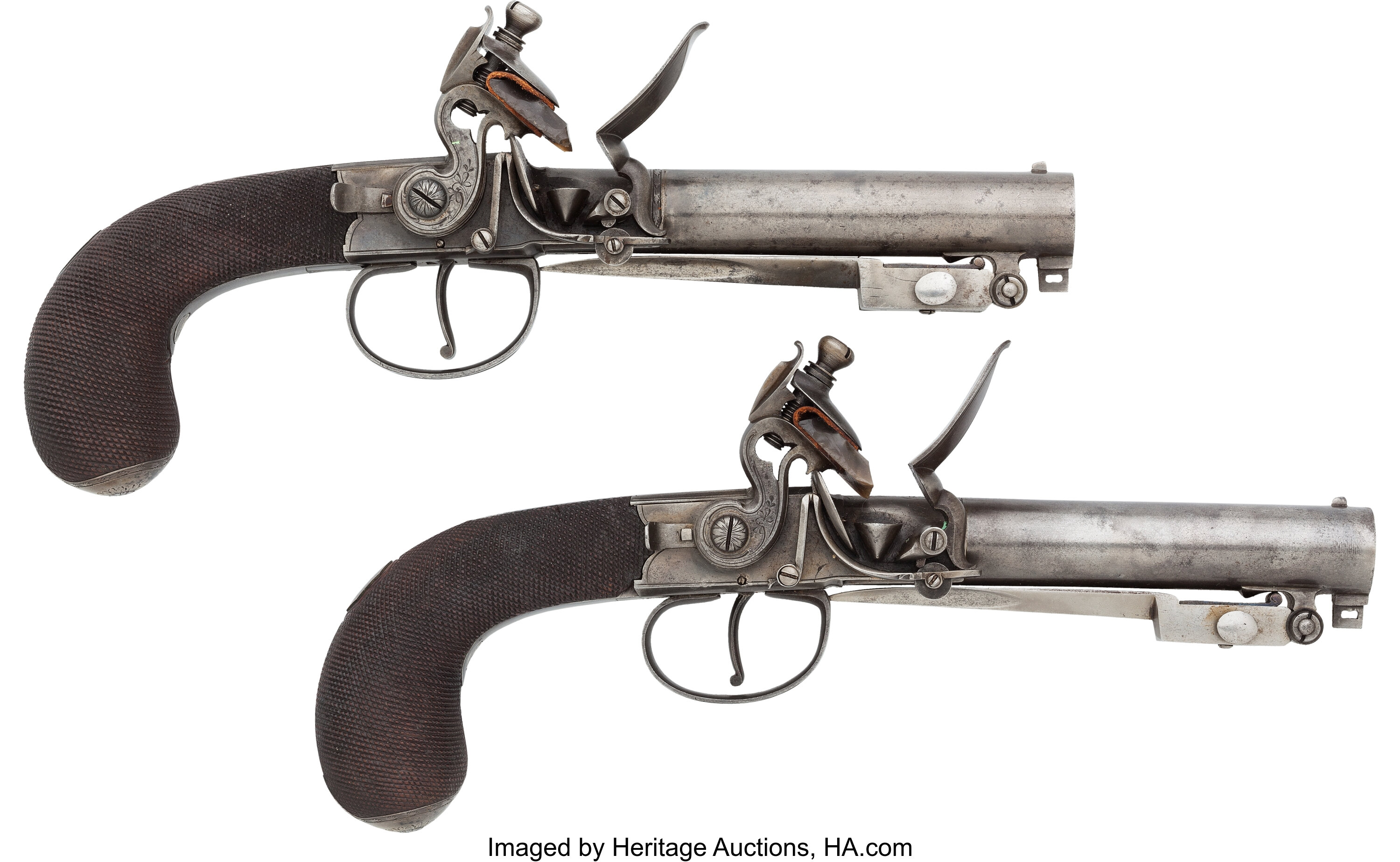 Scarce Pair of English Spring-Loaded Bayonet Pocket Pistols by E. | Lot ...