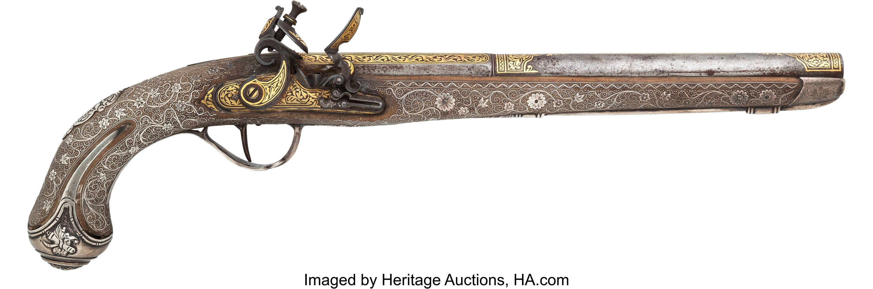 Ornate Silver And Gold-inlaid Middle Eastern Flintlock Pistol. 