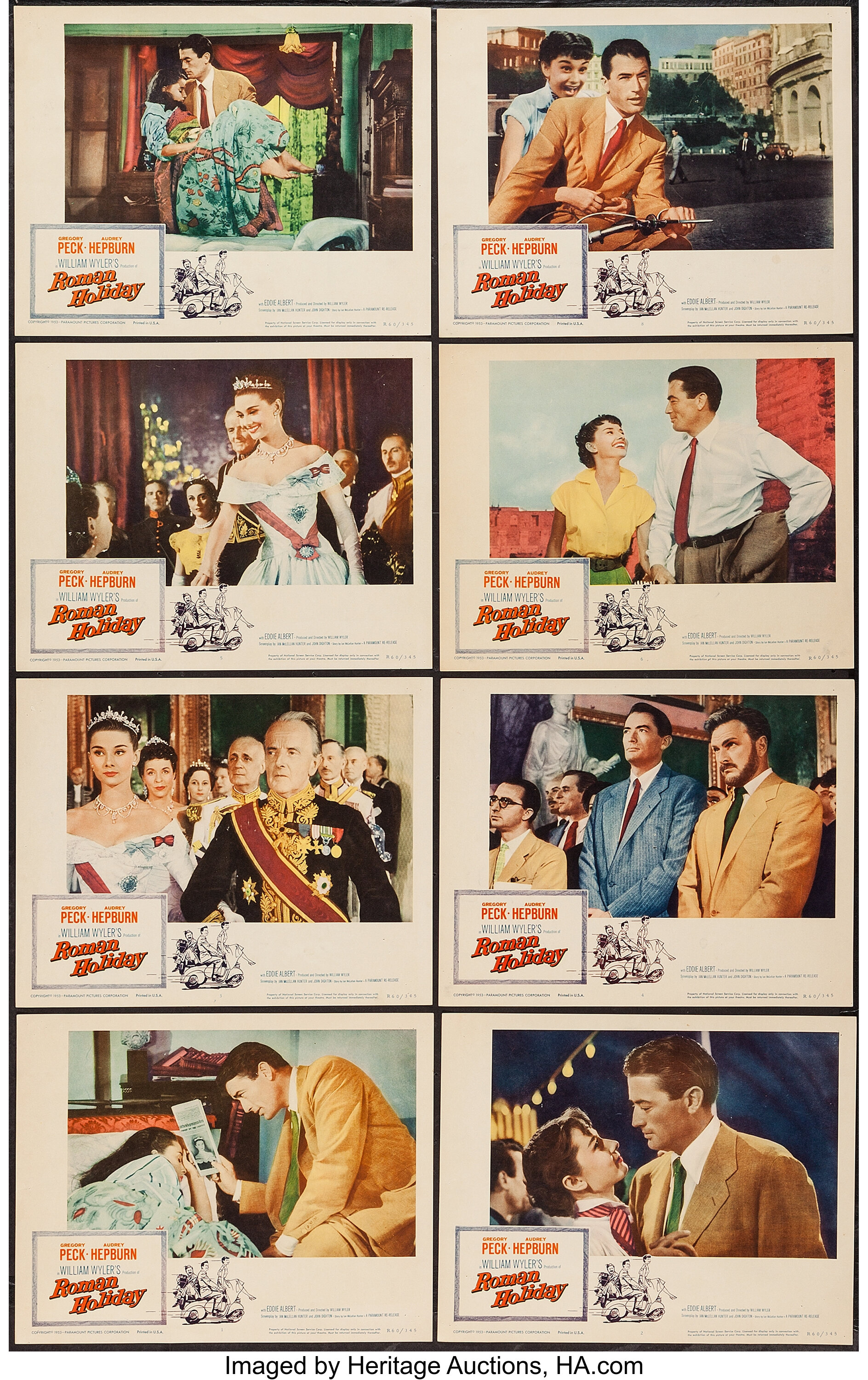 Roman Holiday (Paramount, R-1960). Lobby Card Set of 8 (11