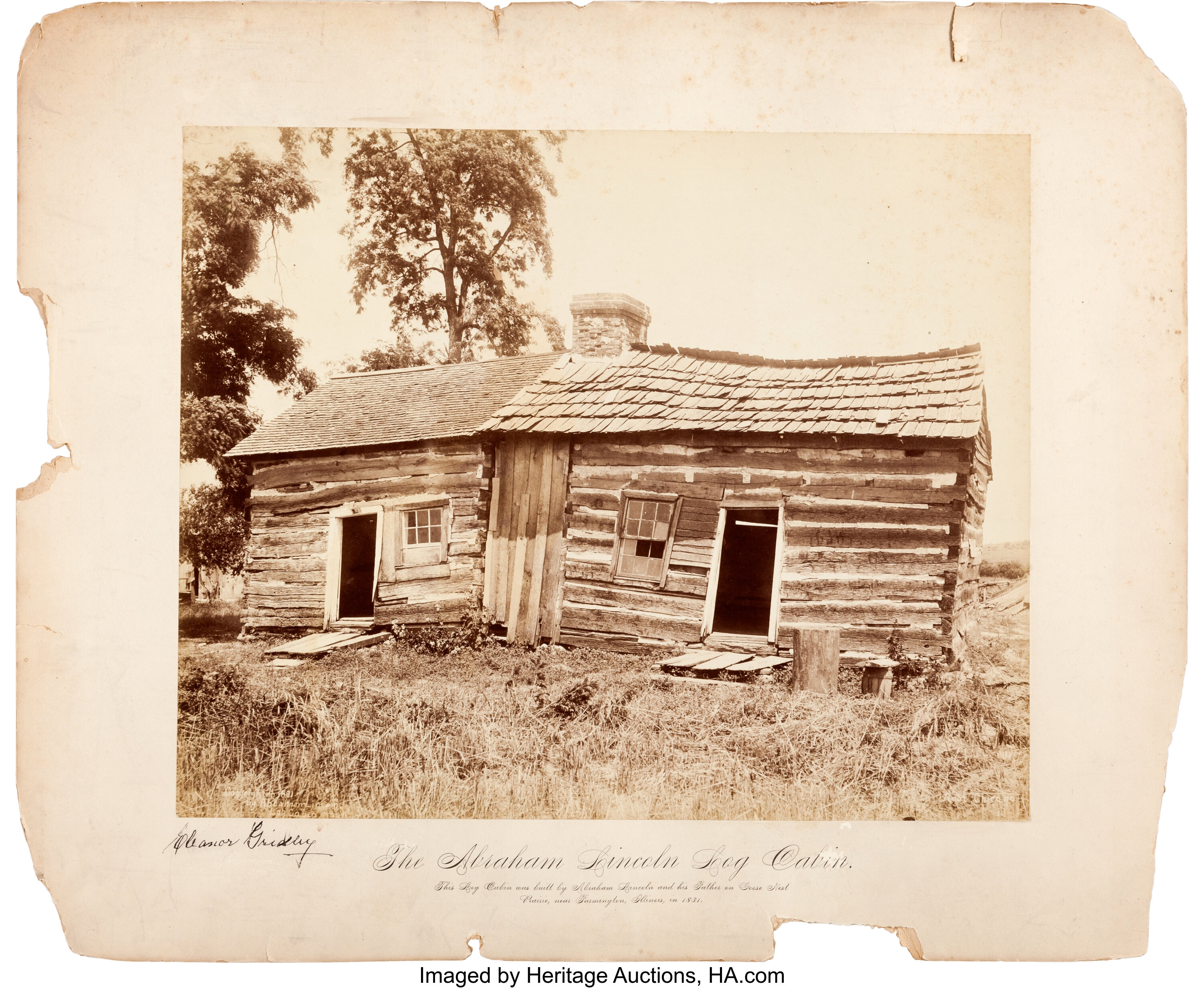 Abraham Lincoln Mounted Albumen Of 1831 Thomas Lincoln Cabin